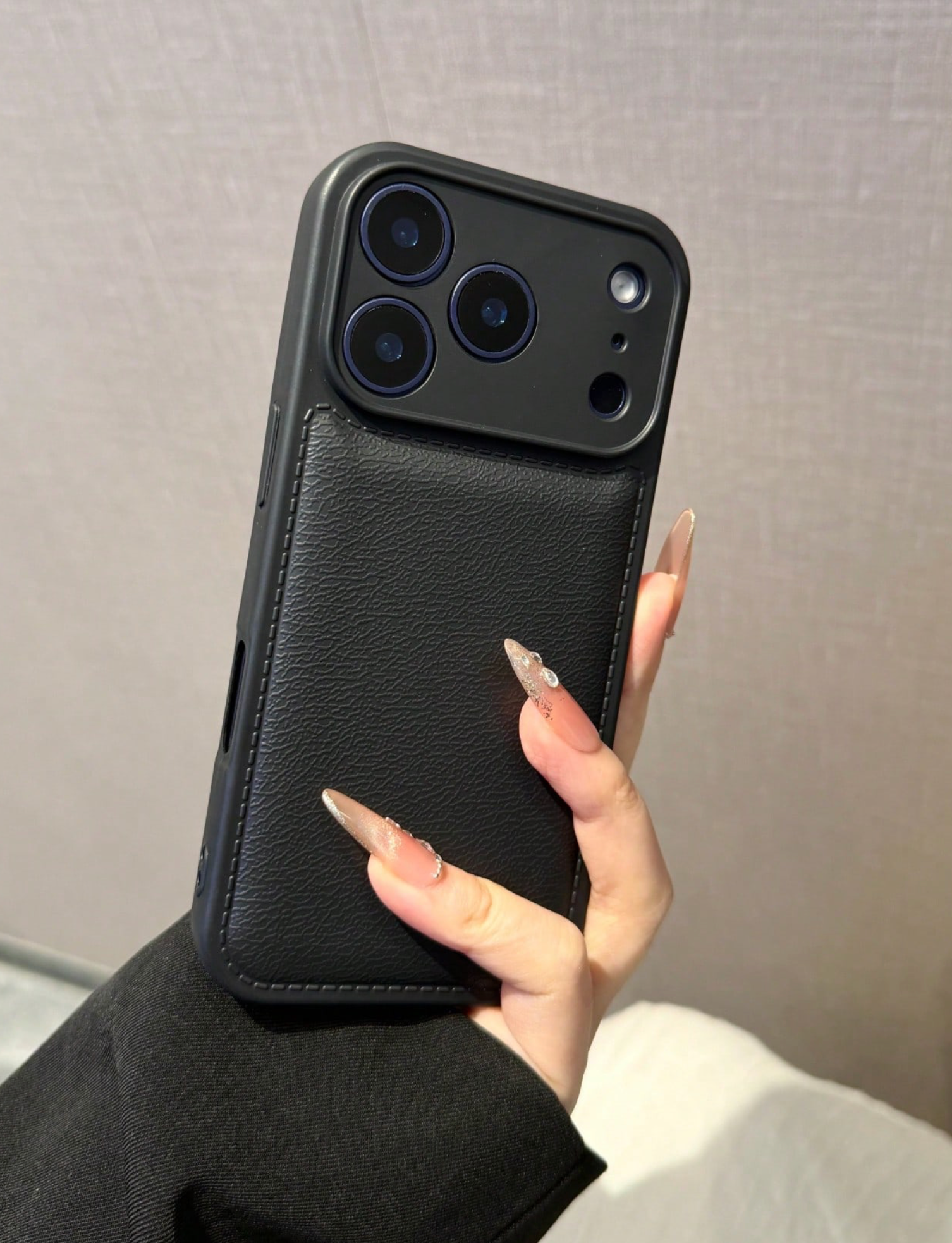 Minimalist Solid Black Color Leather